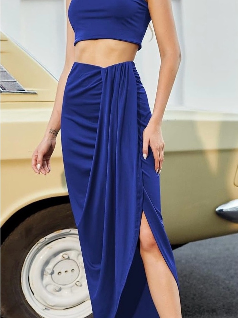 Zaful Cobalt Blue 2 Piece Crop Top/ Ruched Maxi Skirt Set